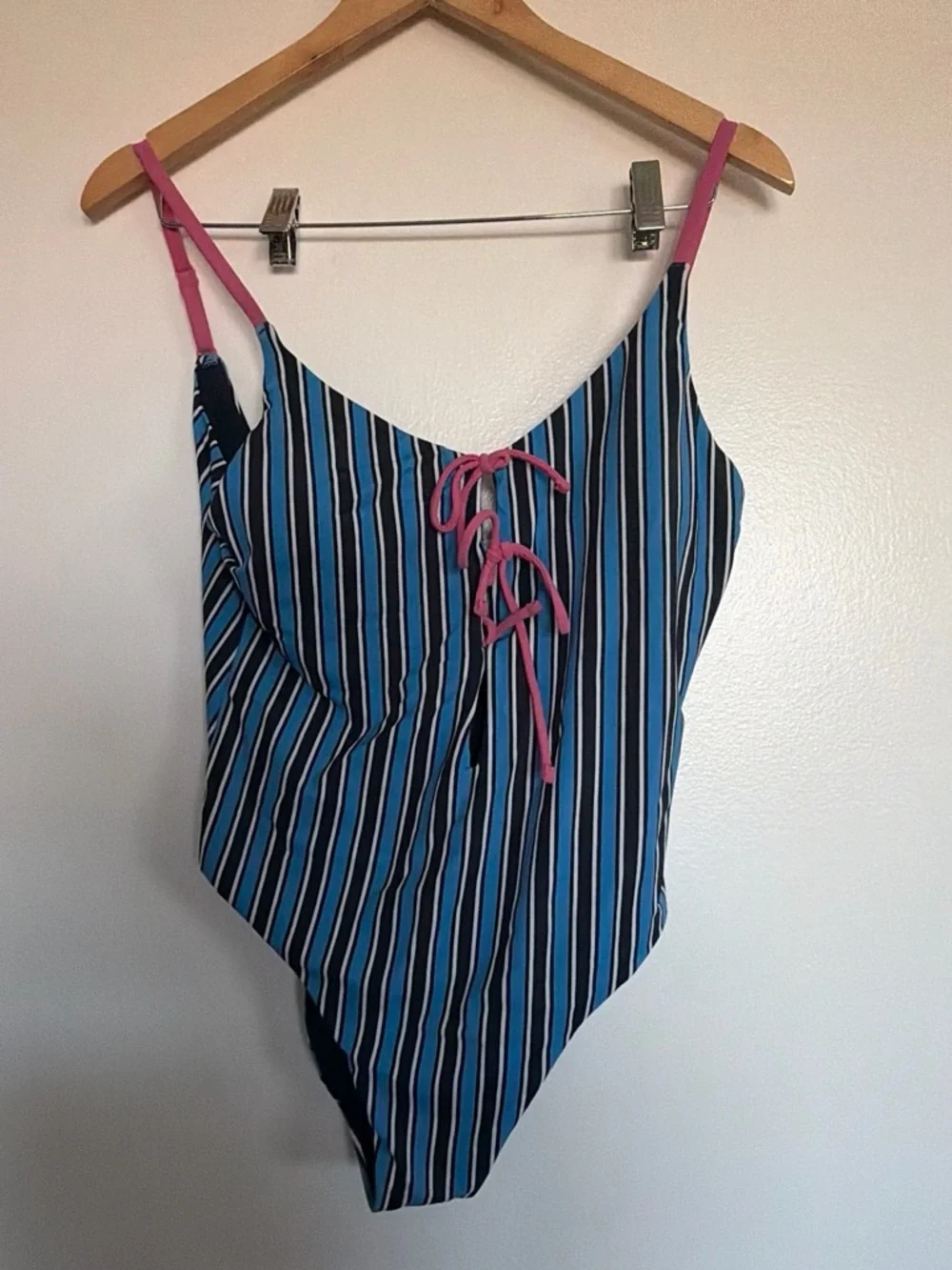 Victoria's Secret Navy and Blue Striped One-Piece with Pink Tie